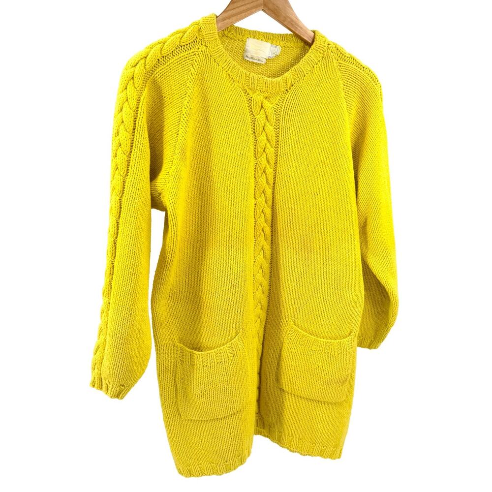 Vintage 80s BASCO by Barneys Neon Yellow 100% Cotton Cable Knit Pullover Sweater